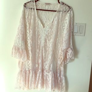 Baby pink lace & white crochet cover up
